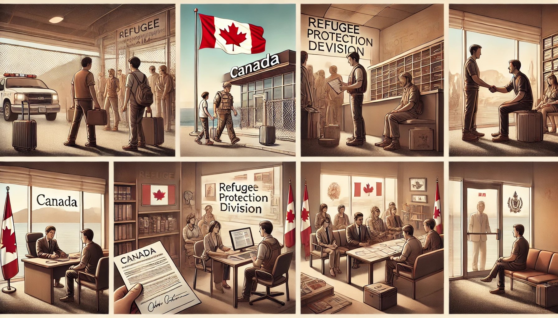 DALL·E 2024-12-24 16.50.52 - A realistic depiction of the refugee claim process in Canada, showcasing various stages. The image features a sequence of scenes_ a refugee arriving a