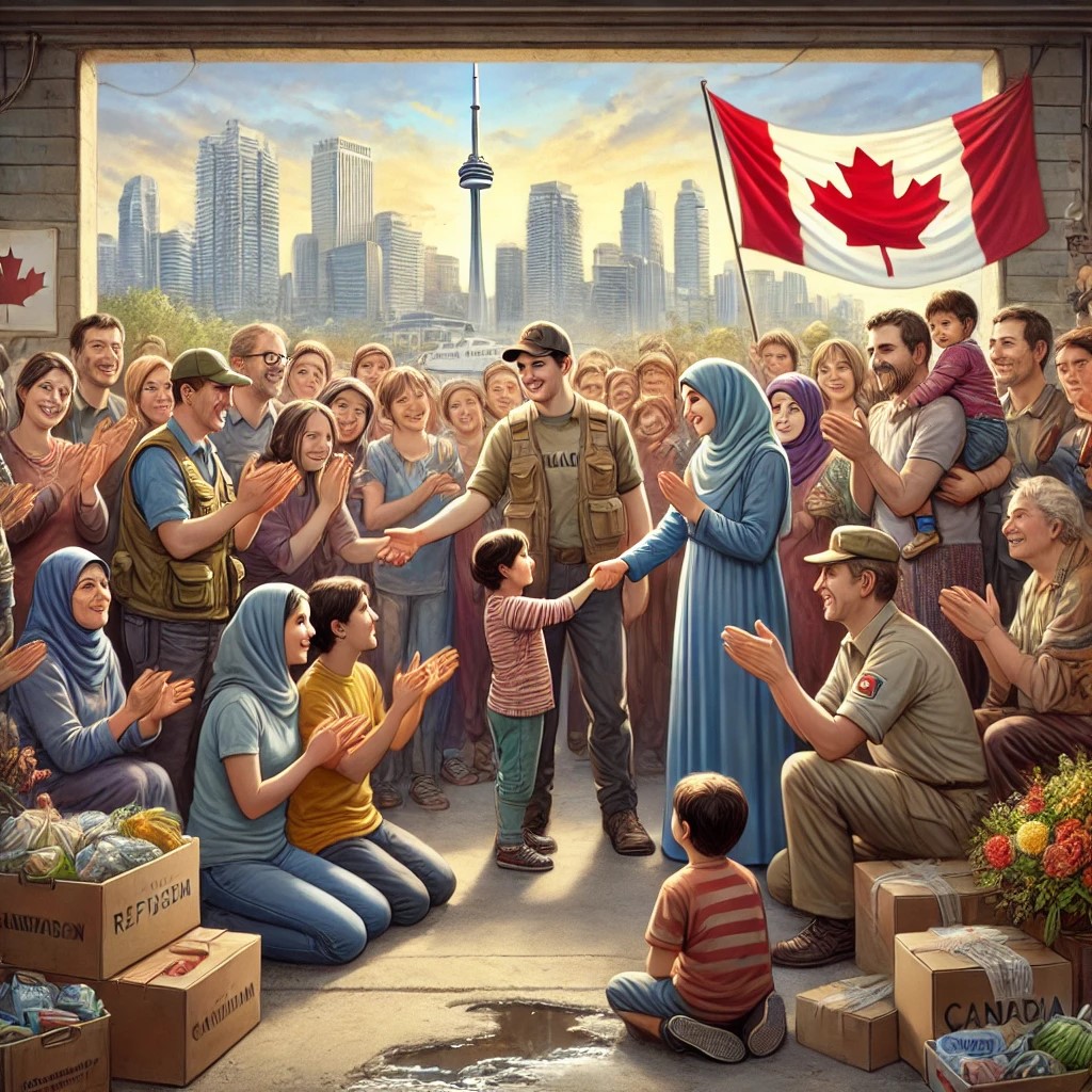 DALL·E 2024-12-24 16.11.03 - A realistic and emotional illustration for a Canadian refugee website. The image shows diverse groups of refugees, including families and individuals,_1